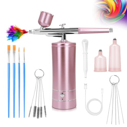 Airbrush Kit Air Brush Kit With Air Compressor Nail Charms Wireless Air Brush for Barber, Nail Art,Makeup, Model Painting (Pink) - color: Pink