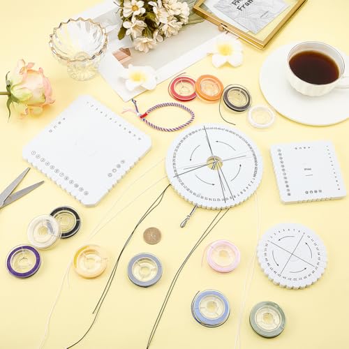 FINGERINSPIRE 4 Pcs Kumihimo Disk Bracelet Making Tools Round Square Friendship Bracelet Disc with 12 Rolls 12 Colors Nylon Thread DIY Bracelet Loom Weaving Board for Beading Bracelets Weaving Kit DIY