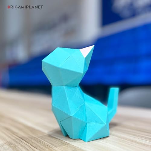 3D Origami Paper Craft Kit, Moonlit Kitten Cute DIY Pre-Cut Animal Papercraft Model for Beginners, Fun Handmade Home Decoration Gift for Adults & Teens-Green