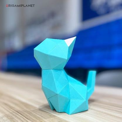 3D Origami Paper Craft Kit, Moonlit Kitten Cute DIY Pre-Cut Animal Papercraft Model for Beginners, Fun Handmade Home Decoration Gift for Adults & Teens-Green