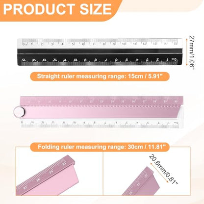HARFINGTON Folding and Straight Ruler Kit 30/15cm Metric Aluminum Alloy Plastic Protractor Foldable Angle Ruler for Home Classroom Office, Pink - color: Clear-Pink