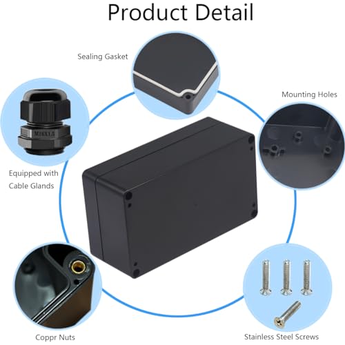 Junction Box IP65 Waterproof ABS Plastic Electrical Project Case Power Junction Boxes, Project Box with 4 PCS M16 Cable Glands 6.22x3.54x2.36 inch (158 x 90 x60 mm) - color: Black, size: 6.22"x3.54"x2.36"