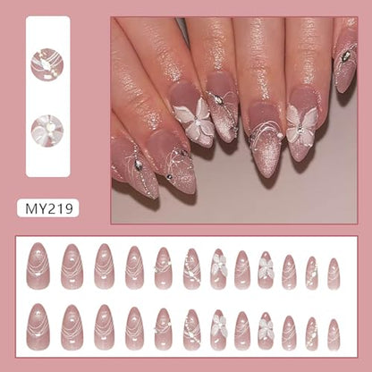 24Pcs Pink Cat Eye Press on Nails Almond Medium Length Fake Nails with Butterfly Designs Rhinestone Nail Press Ons 3D Gradient False Nails Glossy Full Cover Acrylic Glue Stick on Nail for Women - color: Style19