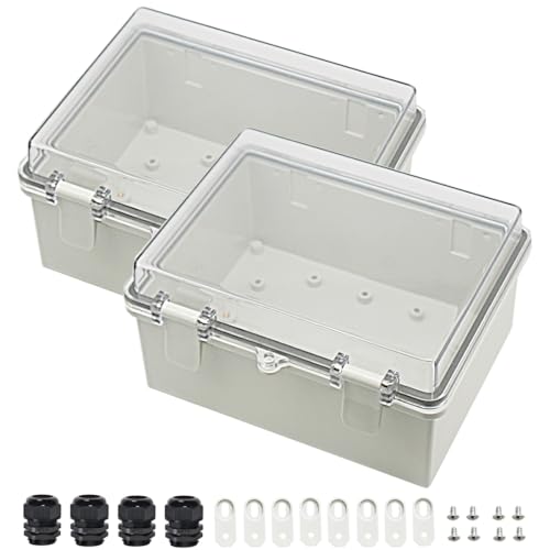 Zulkit 2pcs Junction Box ABS Plastic Dustproof Waterproof IP65 Electrical Boxes Hinged Shell Outdoor Universal Project Enclosure Clear Cover with 2 Cable Glands 8.7 x 6.7 x 4.3 inch (220x170x110 mm) - size: 8.7" x 6.7" x 4.3"(2pcs)