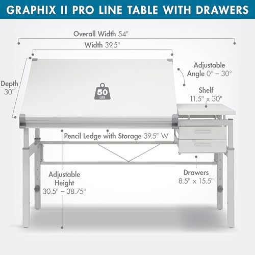 Studio Designs Graphix II Pro Line Split Top Height Adjustable Drafting, Drawing Table with 39.5" x 30" Tilting Top,White - size: 53.75 In. Wide (Drawers)