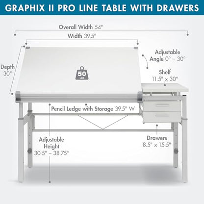 Studio Designs Graphix II Pro Line Split Top Height Adjustable Drafting, Drawing Table with 39.5" x 30" Tilting Top,White - size: 53.75 In. Wide (Drawers)