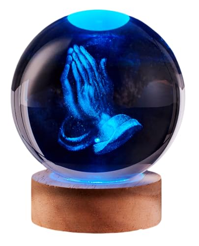 3D Hands Crystal Ball Lamp with Remote Control, 3.15 inch Prayer Crystal Night Light with Wooden Base 16 Colors Change, Glass Pray Figurine Lamp Gift for Girls Boys Wife Mom (Hands) - color: Hands