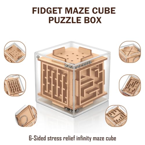 Handheld Fidget Game for Kids and Adults - 6-Sided Wooden Puzzle Cube Fidget Toy for Anxiety Relief - Fun Maze Toys for Travel - 3D Brain Teaser Cube for Christmas Stocking Stuffers