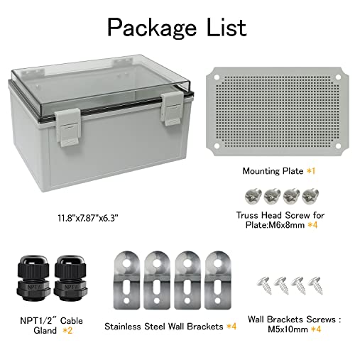 Junction Box IP65 Waterproof ABS Plastic Enclosure Hinged PC Clear Cover Electrical Project Box with Mounting Plate, Wall Brackets, Cable Glands 11.8" x 7.9" x 6.3"(300 * 200 * 160) - color: Clear Cover, size: 11.8" x 7.9" x 6.3"