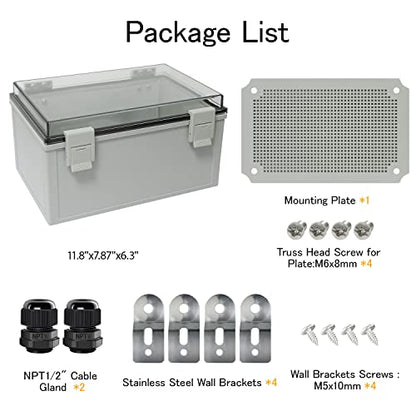 Junction Box IP65 Waterproof ABS Plastic Enclosure Hinged PC Clear Cover Electrical Project Box with Mounting Plate, Wall Brackets, Cable Glands 11.8" x 7.9" x 6.3"(300 * 200 * 160) - color: Clear Cover, size: 11.8" x 7.9" x 6.3"