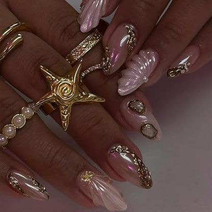 Almond Press on Nails Short Nude Fake Nail Golden Embossed Acrylic Nail Press ons Water Drop Stick on Nail for Women 24pcs - color: Color23