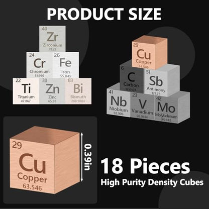 18 Pcs Metal Element Cube Density Cubes 99.99% High Purity, Periodic Table of Elements Collection for Element Collections Hobbies, Pure Tungsten Cube, Iron, Aluminum, Bismuth, 15 more (.39 inch/10 mm)