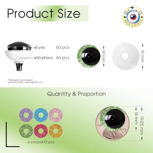 MUCUNNIA 120pcs 14mm 3D Sparkle Moon Safety Eyes for Amigurumi with Washers - size: 14mm