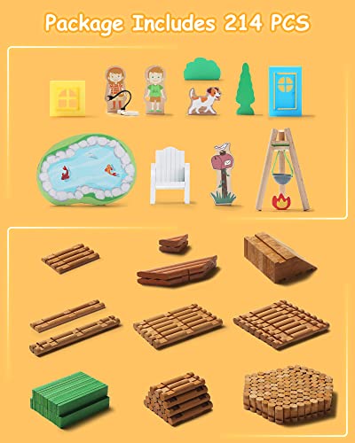 SainSmart Jr. 214 PCS Wooden Logs Cabin Set Ages 3, Building Log Gift for Boy/Girl, Creative Construction Engineering Educational Toy, Vacation Chalet - style: 214 PCS Holiday House
