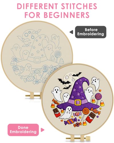 TINDTOP Halloween Embroidery Kit for Adult, Embroidery DIY Starter Kit, with Stamped Patterns, Hoop, Tools, Colorful Threads with Needles, Instructions (Halloween C) - color: Halloween C