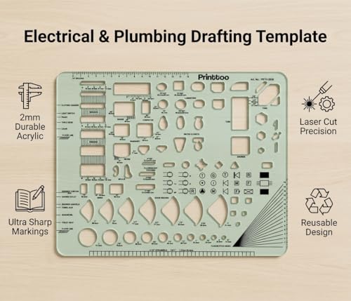 Printtoo Plumbing and Electrical Drafting Guide Stencil, Architectural Layout Planning Template with Bathroom Fixtures, Kitchen Layout & Wiring Symbols for Floor Plan and Technical Drawing - color: Series-PRTD-2838A