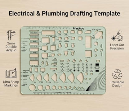 Printtoo Plumbing and Electrical Drafting Guide Stencil, Architectural Layout Planning Template with Bathroom Fixtures, Kitchen Layout & Wiring Symbols for Floor Plan and Technical Drawing - color: Series-PRTD-2838A