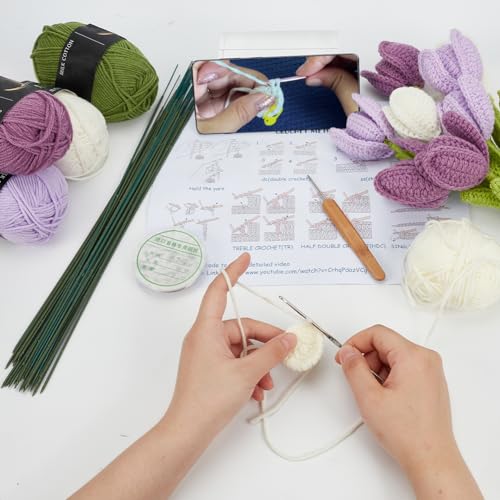 INFUNLY 10 pcs Tulip Crochet Kits for Beginners Complete Flower Crochet Kits for Adults Starters with Instruction and Video Tutorials Crochet Kit Gift for Mother's Day Wedding Birthday - style: Purple Tulips