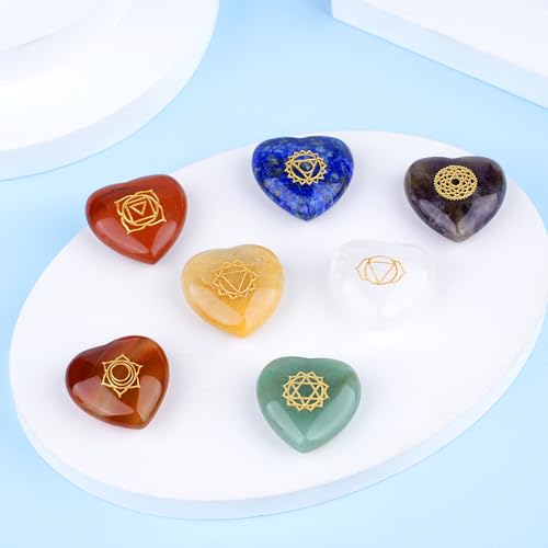 TGS Gems 7pcs Chakra Heart Crystal Stones Natural Reiki Healing Crystals Gemstones with Engraved Chakra Symbol Chakra Stone Kit for Meditation Crystal