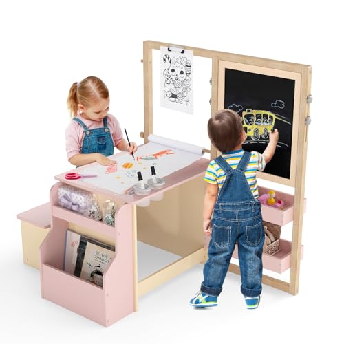 HONEY JOY Kids Art Easel, 6-in-1 Wooden Double-Sided Toddler Table & Chair Set w/Adjustable Magnetic White Board & Chalkboard, Paper Roll, Bookshelf, Storage, Toddler Easel for Kids (Pink) - style: Pink