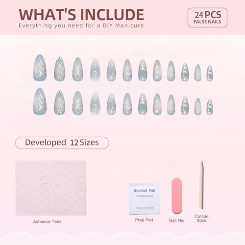 Light Blue Ombre Press on Nails Medium Almond Fake Nails Full Cover heart Acrylic False Nails with 3D Swirl Designs Glue on Nails Almond Shape Nail Press ons Stick on Nail for Women 24Pcs - color: Style15