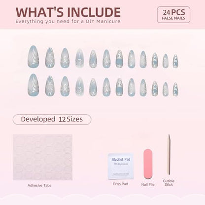 Light Blue Ombre Press on Nails Medium Almond Fake Nails Full Cover heart Acrylic False Nails with 3D Swirl Designs Glue on Nails Almond Shape Nail Press ons Stick on Nail for Women 24Pcs - color: Style15