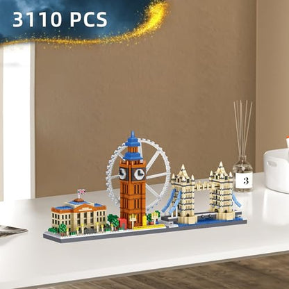 London Skyline Building Blocks Sets - 3110PCS Famous London Landmarks Architecture Toy Micro Mini Building Bricks Kit with London Eye,Big Ben,Westminster Palace,Tower Bridge for Adult, STEM Gift