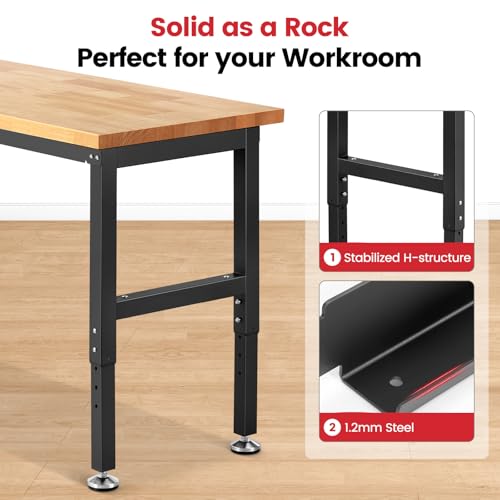 ENJOYWOOD 41" Adjustable Height Workbench, 1500 LBS Capacity Heavy Duty Work Bench with Solid Rubberwood Top, Garage Work Table for Workshop, Home & Office