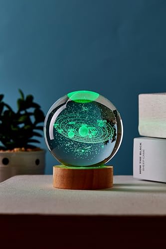 3D Solar System Crystal Ball Lamp with Remote Control, 3.15 inch Galaxy Crystal Night Light with Wooden Base 16 Colors Change, Glass Planet Figurine Lamp Gift for Girls Boys Wife Mom (Solar System) - color: Solar System