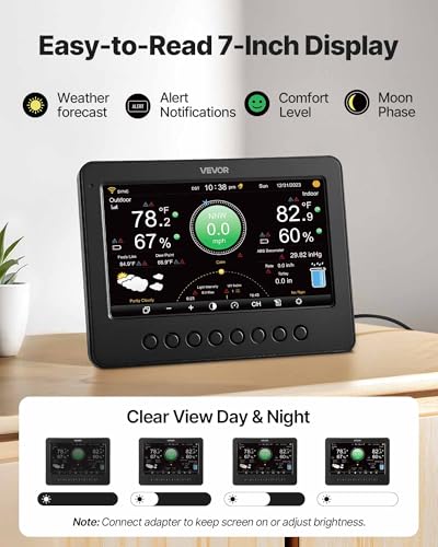 VEVOR 7-in-1 Wi-Fi Weather Station, 7-Inch TFT Display, Wireless Solar Powered Outdoor Sensor, Rain Gauge, Indoor Outdoor for Weather Forecast, Wind Speed Direction, Temperature, Humidity, Rainfall - style: Classic