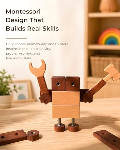 Kids Tool Set | Wooden Toy Building Blocks with Construction Tool Kit | Wood Blocks Nuts Bolts Hammer Screwdriver in a Box (32 pcs) for Boys & Girls
