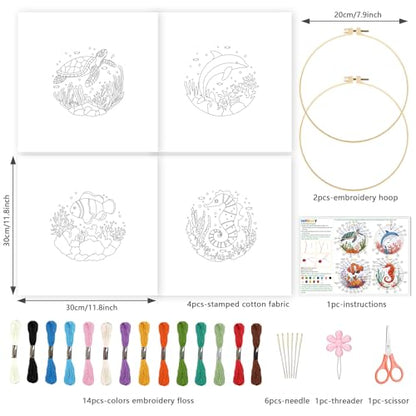 INFUNLY 4 Sets Whale Embroidery Kits for Beginners DIY Cross Stitch Starter Kits with Turtles Seahorses Patterns Fish Sea Animals Embroidery Kits with Instructions Embroidery Cloth Hoops Threads Tools - style: Marine animals