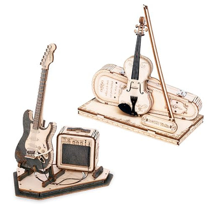 ROKR 3D Puzzles for Adults Wooden Craft Kits Musical Instrument Model Kit Electric Guitar+Violin Capriccio TG604K+TG605K