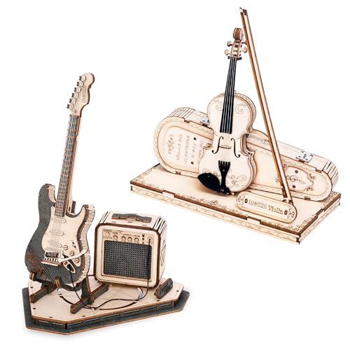 ROKR 3D Puzzles for Adults Wooden Craft Kits Musical Instrument Model Kit Electric Guitar+Violin Capriccio TG604K+TG605K