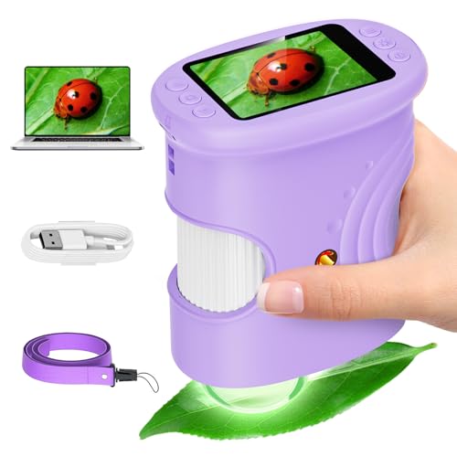 Alotwan Kids Digital Microscope 1000X Zoom, Mini Pocket Handheld Microscope with Camera/Video/Telescope Function, Portable Outdoor Travel Toys Magnifying Glass for Boys Girls 3-8 Years STEM Gifts - color: Purple