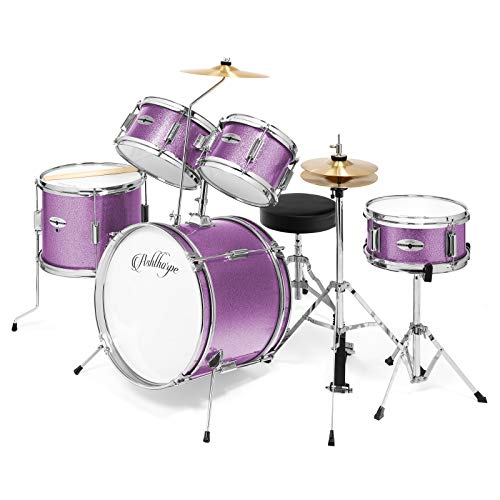 Ashthorpe 5-Piece Complete Kids Drum Set with Genuine Brass Cymbals - Junior Beginner Kit with 16" Bass, Throne, Hi-Hats, Pedals & Drumsticks - Purple - color: Purple