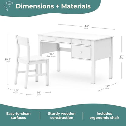 Guidecraft Madison Kids Desk and Chair Set - White: Wooden Table with Storage and Drawers | Children's Workstation, Computer Table and Chair Set for Bedroom Furniture | Study & Activity Desk for Kids - size: Desk and Chair Set