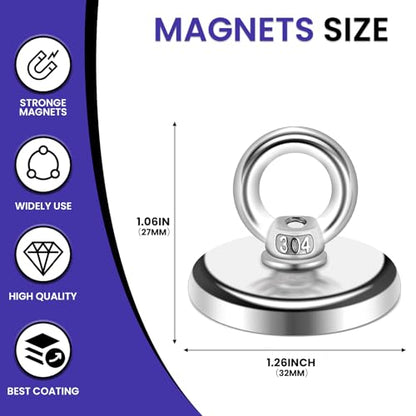 MIKEDE Strong Neodymium Fishing Magnets 12 Pack 100 lbs Pulling - size: 1.26"(32 mm)-100lbs