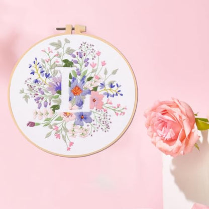 IUHUI Embroidery Kit for Beginners Adults - 26 Floral Letters Easy Patterns, DIY Hand Stitching Embroidery Set with Hoop (Flower and Grass Letter L) - color: Flower and Grass Letter L