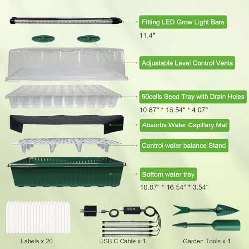 TONYFUL Seed Starter Tray with Grow Light, 120-Cell Seed Starter Kit with 4.07” Humidity Dome, Indoor Seedling Starter Tray, Seed Starting Tray for Plant Germination, Seeds Growing