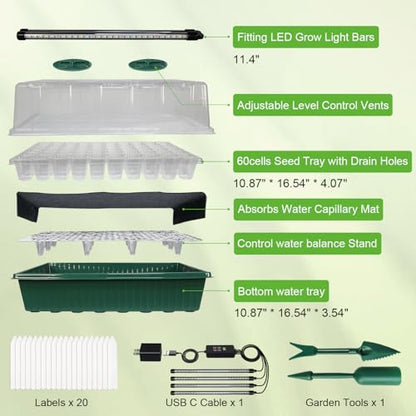 TONYFUL Seed Starter Tray with Grow Light, 120-Cell Seed Starter Kit with 4.07” Humidity Dome, Indoor Seedling Starter Tray, Seed Starting Tray for Plant Germination, Seeds Growing