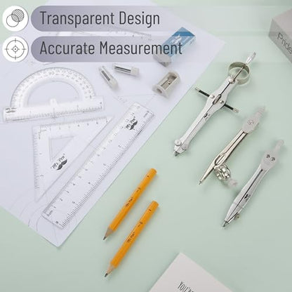 Mr. Pen- Geometry Set, 13 pcs, 3 Metal Compasses, Protractor, 6" Ruler | 45° & 30°/60° Set Squares, Pencils, Lead Refills, Sharpener & Eraser for Math, Drafting & Classroom Use - color: Grey
