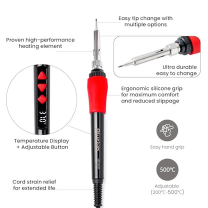 Soldering Iron Kit, 60W LED Display Digital Solder Pen, 5 Replaceable Tips, 21-in-1 Fast Heating with Solder Wire, Stand, Desoldering Pump, for Electronics Repair Hobby DIY 120V US Plug from Plusivo