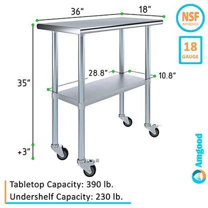 AmGood 18 in. x 36 in. Stainless Steel Work Table with Wheels | Metal Kitchen Food Prep Table | NSF - size: 36 in. Long x 18 in. Deep with Wheels