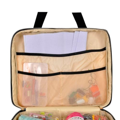 Portable Square Cross Stitch Starter Kits Bag Embroidery Project Bag Embroidery Tool Storage Tote Bag with Multifunctional Pockets, Bag Only (Black Leaves) - color: Black Leaves