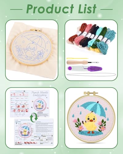 ERKOON Punch Needle Kit for Beginners Adults, DIY Easy Animal Embroidery Set for Starter Art Craft, Needling Punch Project with Patterns, Tools, Yarns, Hoop, Instruction (Duck) - color: Duck