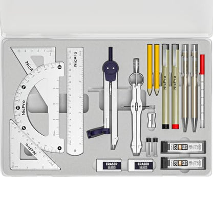 Nicpro 20PCS Professional Geometry Set Drafting Tool Protractor Compass