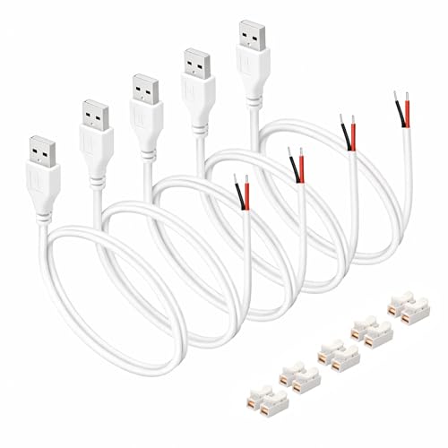 3.28ft White USB Pigtail Cable 5-Pack with Wire Connectors - color: Black, White