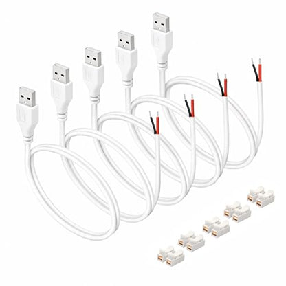 3.28ft White USB Pigtail Cable 5-Pack with Wire Connectors - color: Black, White