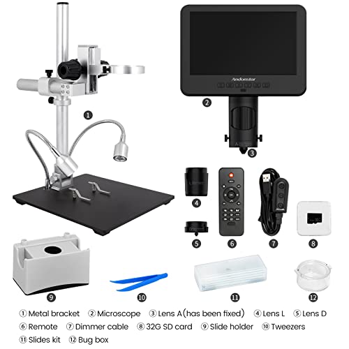 Andonstar AD246-M Digital Microscope for Adults, 3 Lens Soldering Microscope, 1080P FHD Video Record, 7 Inch LCD 500x, Coin Full View, Biological Kit with 32G Card, Prepared Slides